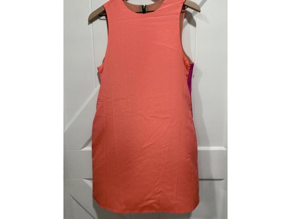 Naven Sleeveless Coral Dress with Chic Purple Stripes & Black Moto Back Zipper